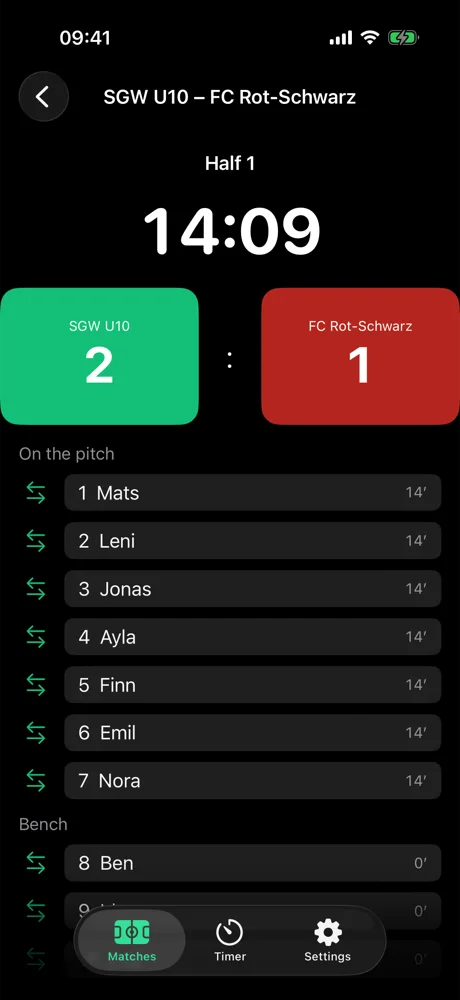 The match running on iPhone: 1st half, 14:09, score 2:1, field and bench below