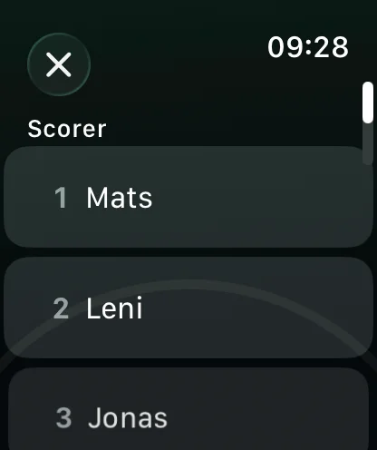 The scorer picker on the watch: players with jersey numbers, below them own goal and add later