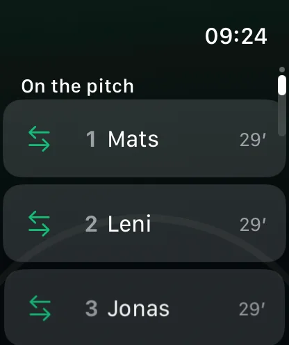The team page on the watch: players on the field with minutes