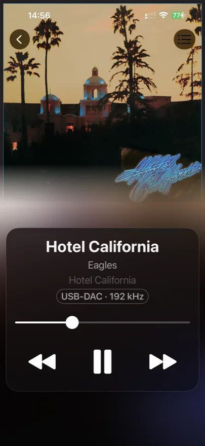 The DACmote player screen showing Hotel California by the Eagles with a USB-DAC, 192 kHz badge