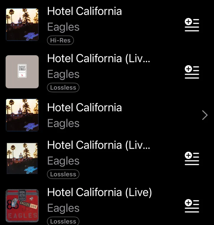 Search results in DACmote, each track marked Hi-Res or Lossless